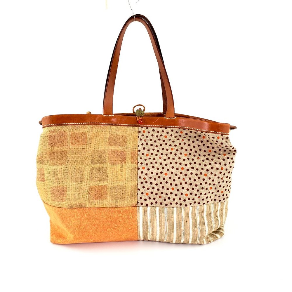 Henry Cuir Beguelin Canvas Patch Multi Color Leather Trim Tote Bag - Picture 4 of 13